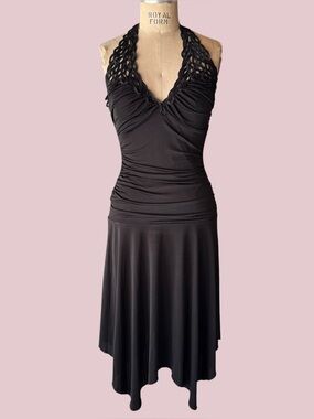 Vintage 90s Peep Studio Black Halter Midi Dress